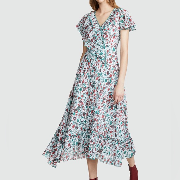Antik Batik Short Sleeve V-Neck Ruffle Trim Printed Maxi Dress in Multi, Size S - Picture 1 of 8